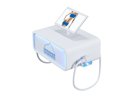 A sleek, black Iceberg Cryonick Roller cryotherapy machine featuring a digital screen displaying a human arm for demonstration. The device is illuminated with blue LED accents, showcasing its modern design and advanced functionality for muscle recovery and cold therapy applications.