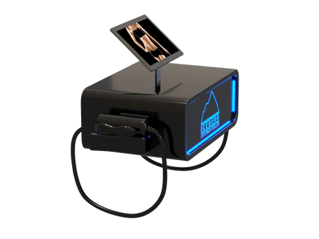 A sleek, black Iceberg Cryonick Roller cryotherapy machine featuring a digital screen displaying a human arm for demonstration. The device is illuminated with blue LED accents, showcasing its modern design and advanced functionality for muscle recovery and cold therapy applications.