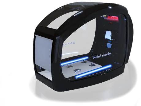 A sleek black rehabilitation chamber with a futuristic design, featuring a large curved glass front with "Rehab chamber" written on it. The interior is illuminated with blue LED lights, showcasing a modern and advanced setup ideal for therapeutic purposes.