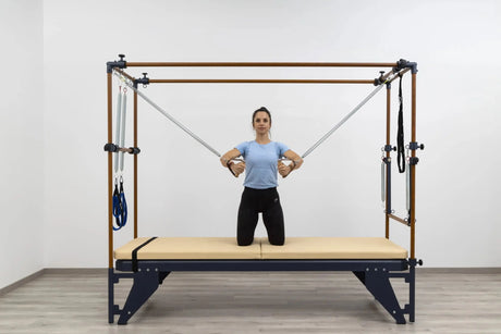  HEGREN Leather Wood Handles designed for Pilates equipment, featuring durable leather straps and smooth wooden grips.