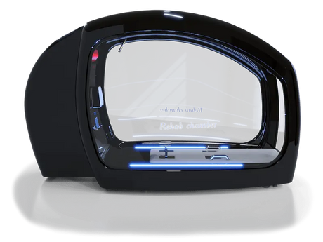 A sleek black rehabilitation chamber with a futuristic design, featuring a large curved glass front with "Rehab chamber" written on it. The interior is illuminated with blue LED lights, showcasing a modern and advanced setup ideal for therapeutic purposes.
