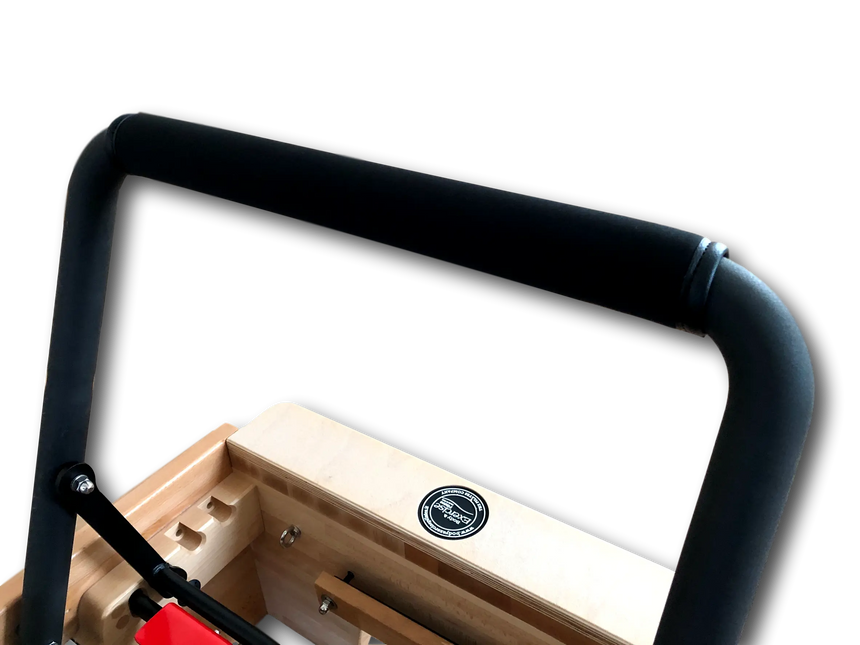 Close-up of a wooden product with black metal frame on a white background