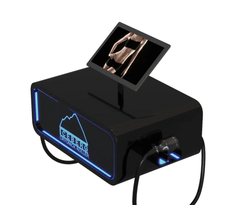 A sleek, black Iceberg Cryonick Roller cryotherapy machine featuring a digital screen displaying a human arm for demonstration. The device is illuminated with blue LED accents, showcasing its modern design and advanced functionality for muscle recovery and cold therapy applications.