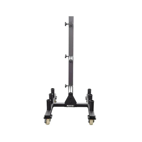 Force USA Bumper and Olympic Plate Rack – sturdy storage rack with transport wheels and chrome-plated brackets.
