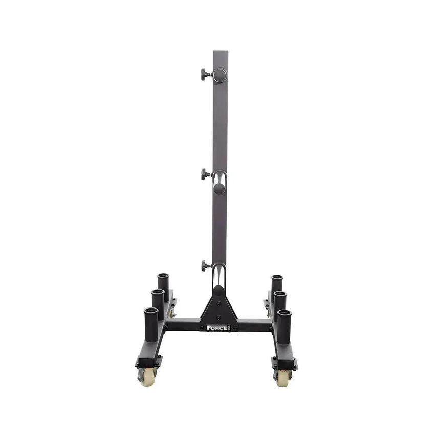 Force USA Bumper and Olympic Plate Rack – sturdy storage rack with transport wheels and chrome-plated brackets.
