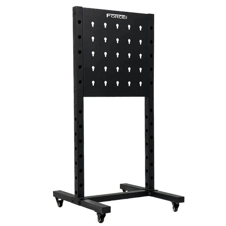 Force USA Base Storage Rack – versatile storage rack with pegboard design and transport wheels.
