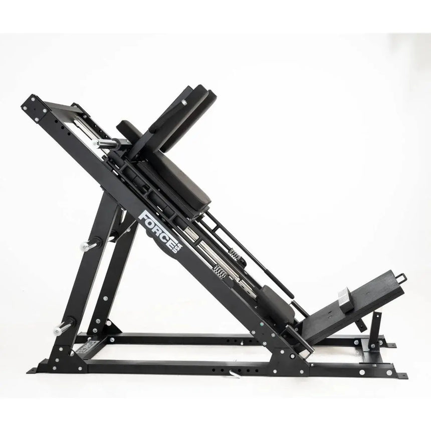 Force USA Ultimate V2 Leg Press Hack Squat Combo showcasing leg press, hack squat, reverse hack squat, and calf raise functionalities.