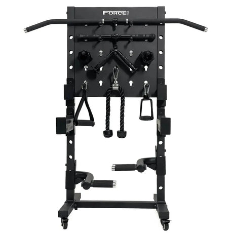 Force USA Base Storage Rack – versatile storage rack with pegboard design and transport wheels.
