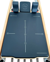 Blue exercise mat with branding on a white background